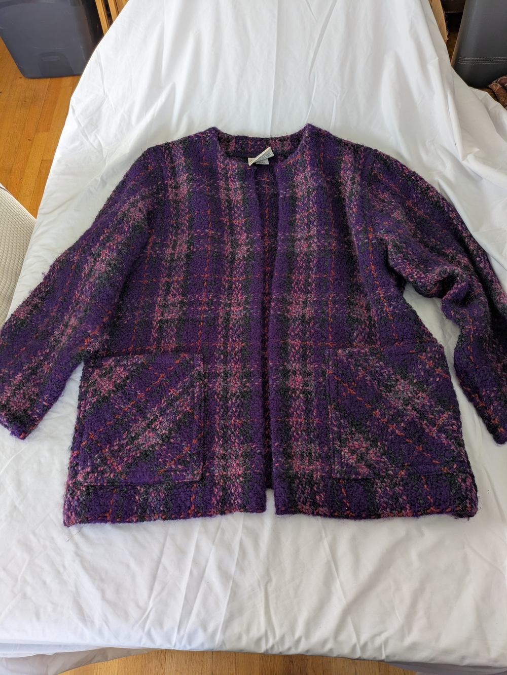 Purple Plaid Open-Front Cardigan Sweater By Boyne Valley Weavers